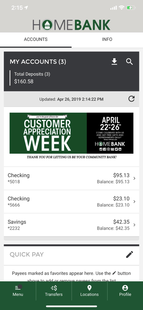 HOMEBANK - HOMEBANK mobile app dashboard showing personal checking and savings account balances