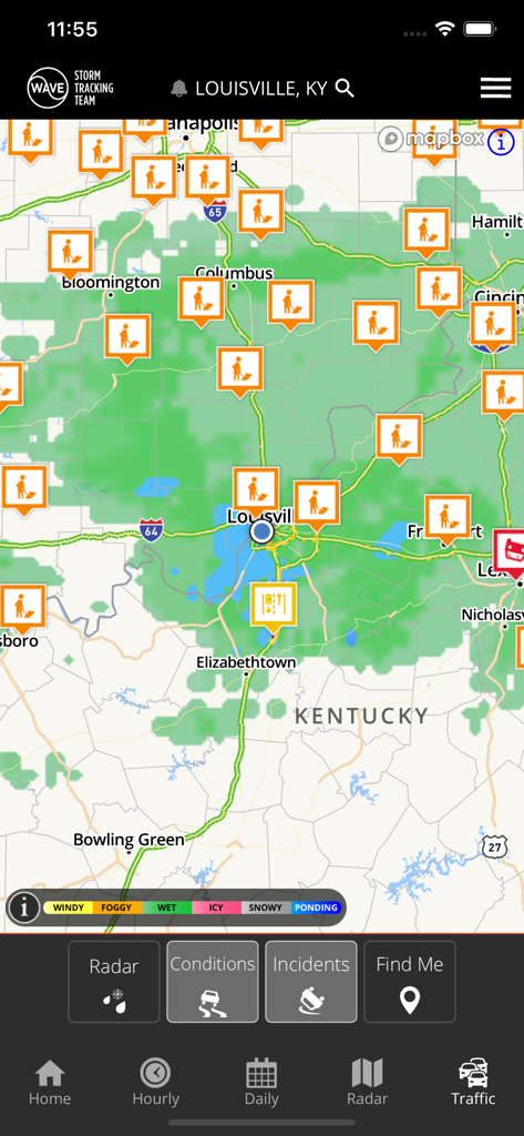 WAVE 3 Louisville Weather - A real time traffic and road conditions map for Louisville from the WAVE 3 weather app showing weather alerts and traffic incidents.