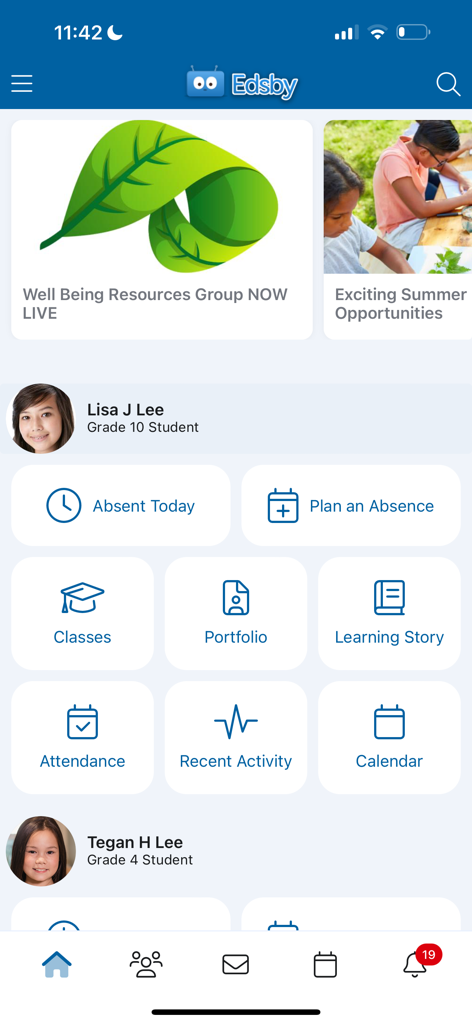 A screenshot of the Edsby app dashboard showing student profiles and quick access buttons for attendance classes and school activities