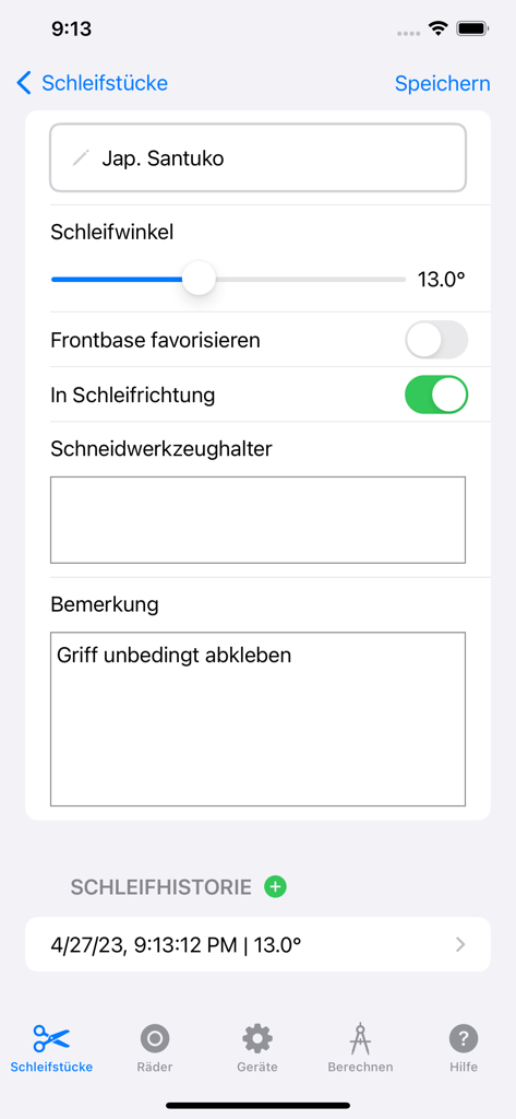 Grindcalculator - Grindcalculator App-Oberfläche, die die Schärfwinkeleinstellungen für ein japanisches Santoku-Messer zeigt