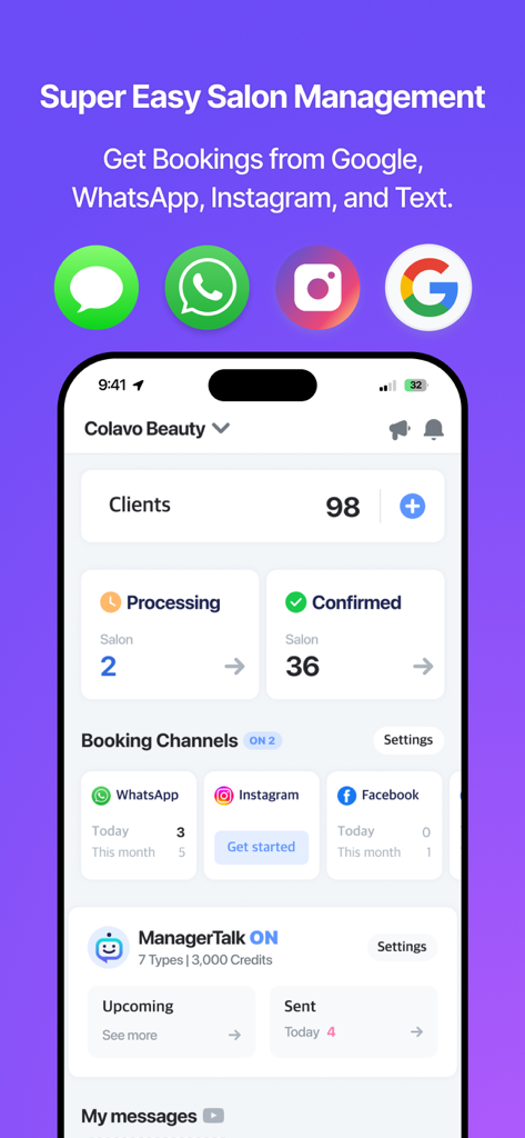 Painel do ColavoSalon exibindo contagem de clientes e integrações de reserva de mídia social para WhatsApp e Instagram