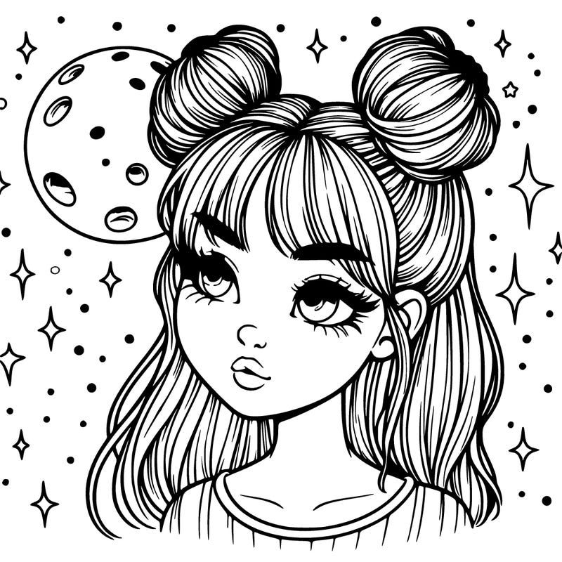realistic girl with space buns and moon