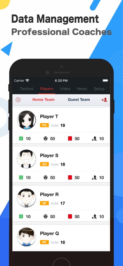 CoachBook-Basketball - CoachBook-Basketball mobile app interface showing a player roster list with positions and jersey numbers