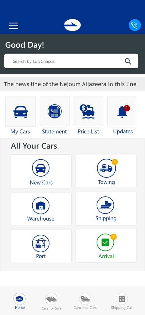 Dashboard of the Nejoum Al Jazeera app displaying car logistics tracking categories like towing shipping and arrival