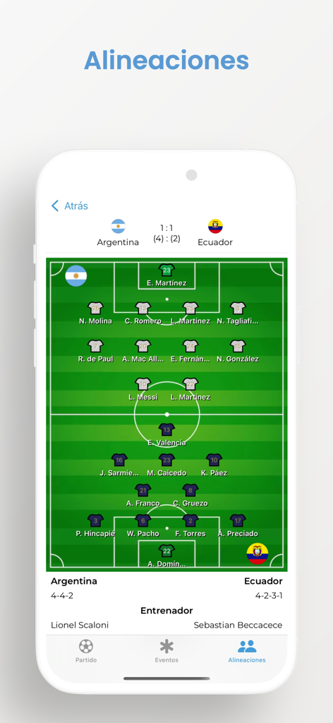 Liga Fútbol: Argentina - Mobile app screen showing soccer match lineups and field formations for Argentina versus Ecuador