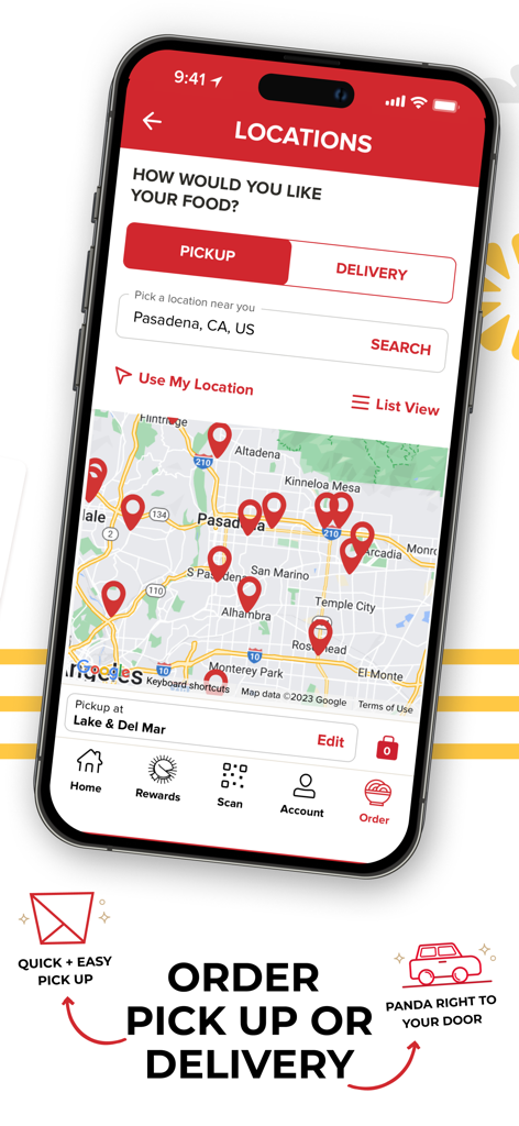 Tela de locais do aplicativo Panda Express mostrando um mapa com marcadores de restaurantes próximos para retirada ou entrega
