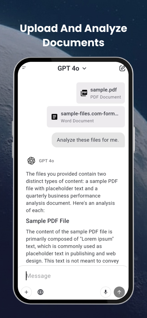 Galaxy.ai - Galaxy.ai mobile app interface showing a chat with GPT-4o analyzing uploaded PDF and Word documents.