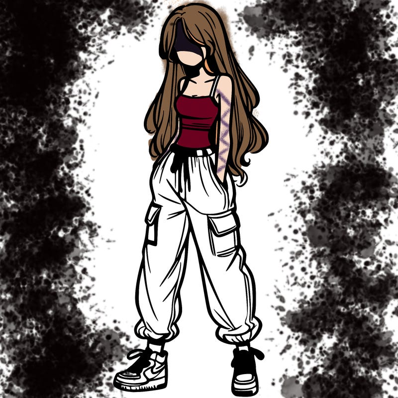 girl in baggy pants crop top and long hair