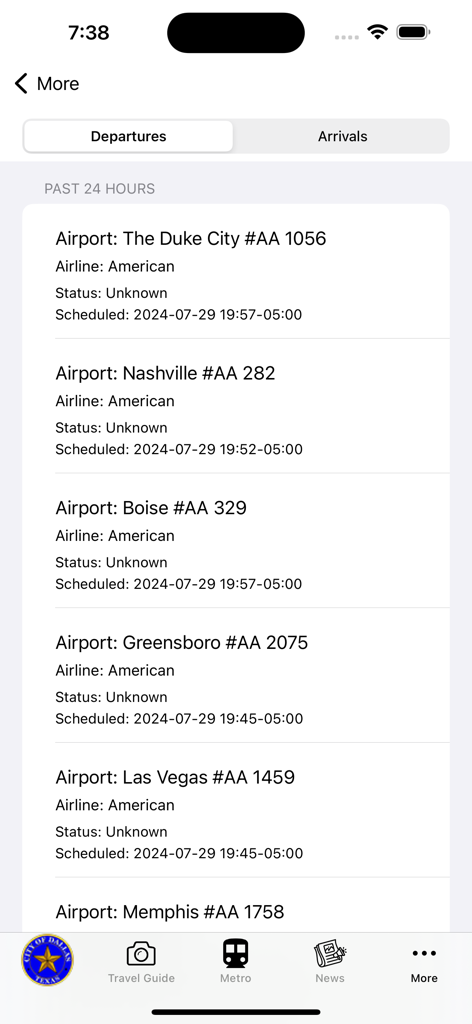 아메리칸 항공의 항공편 출발 목록을 보여주는 댈러스 여행 가이드 앱.