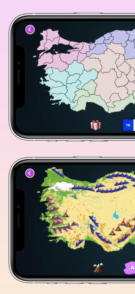 Cartes politiques et physiques interactives de la Turquie dans une application éducative de géographie mobile.