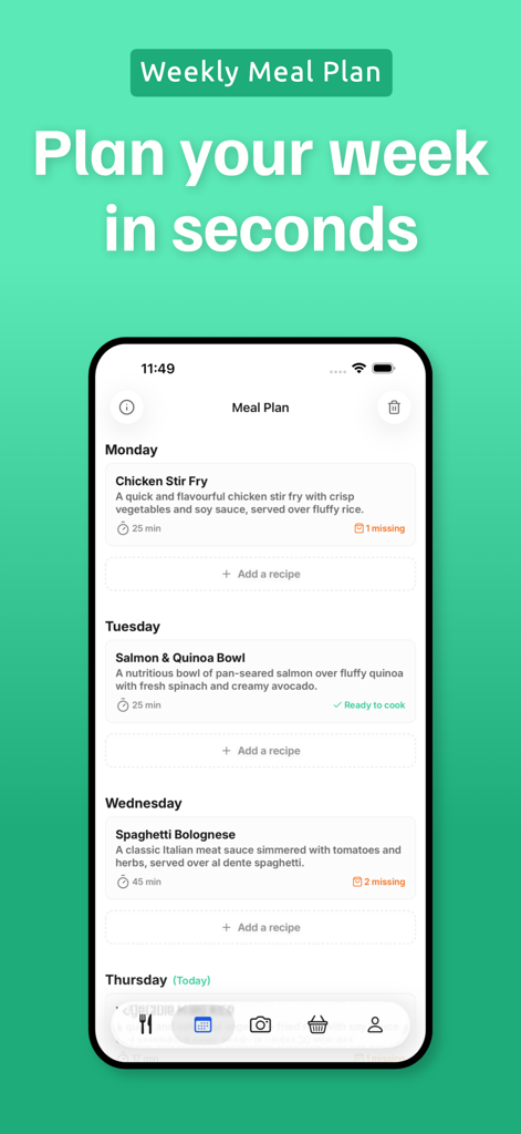 Pantry Pic: Photo to Recipe - Weekly meal planning interface in the Pantry Pic app showing scheduled recipes and ingredient status for the week