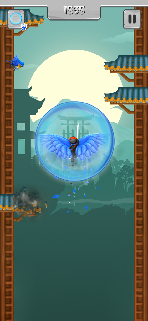 Ninja Jump Master - A ninja character using a wings powerup and bubble shield to fly between towers in Ninja Jump Master