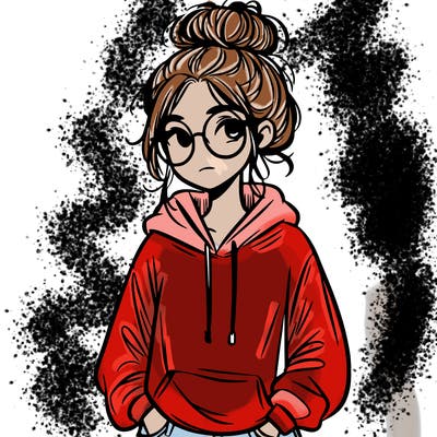 teen girl with a messy bun and glasses wearing a loose hoodie and jeans