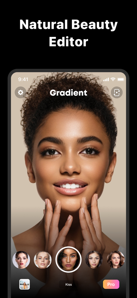 Smartphone screen displaying the Gradient app interface with a natural beauty filter applied to a womans face