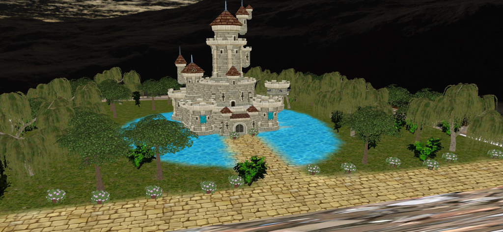 Eine virtuelle Sandspiel-Therapieszene, die eine Steinkapelle mit einem Burggraben und umliegenden Bäumen zeigt