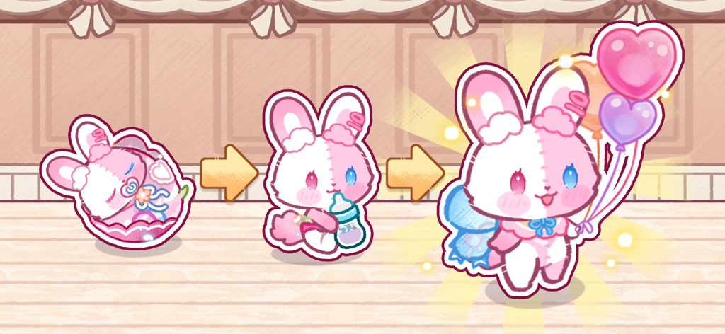 Une progression en trois étapes d'un personnage lapin rose et blanc grandissant, d'un bébé à un enfant tenant des ballons en forme de cœur.