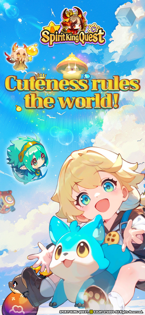 Spirit King Quest - A vibrant promotional image for Spirit King Quest featuring cute anime characters and spirits under a bright blue sky with the text Cuteness rules the world