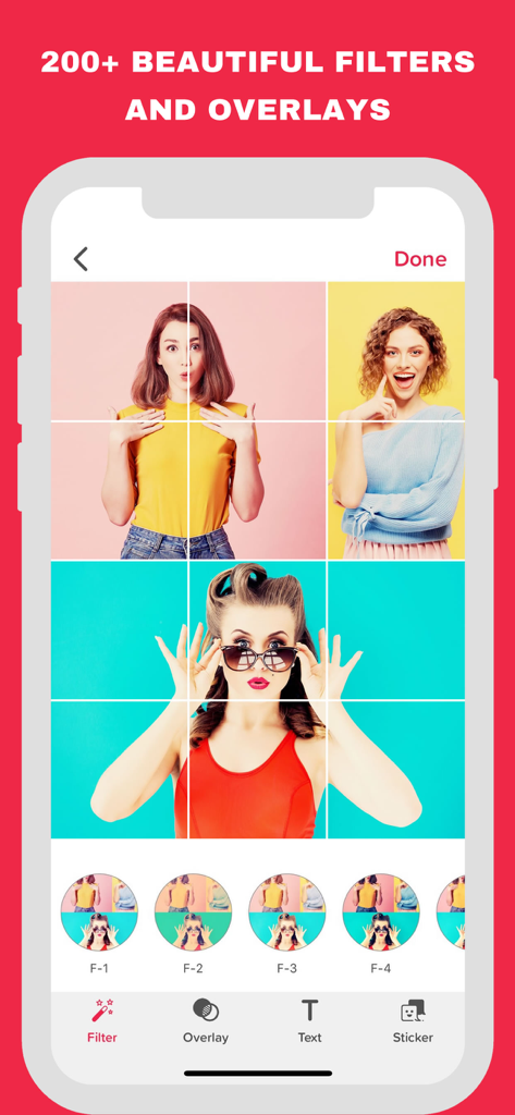 Interfaz de la aplicación que muestra más de 200 filtros y superposiciones para un diseño de fotos en cuadrícula de Instagram