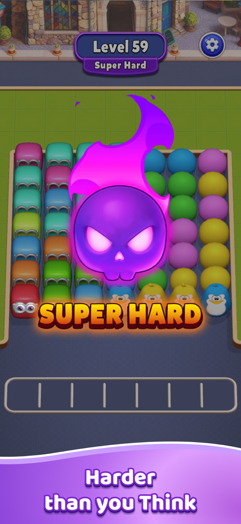 Match Jam 3D - Match Jam 3D gameplay showing a super hard puzzle level with a flaming purple skull icon