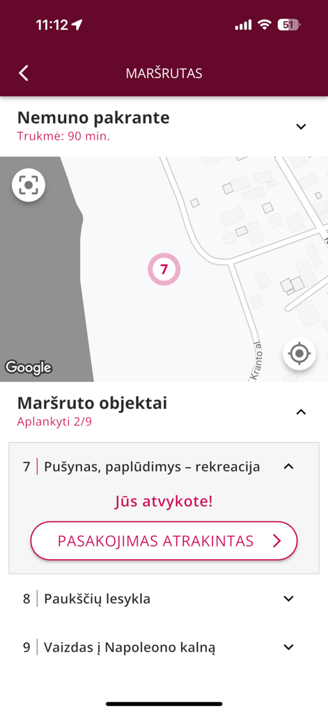 KMM - Mobile app screen showing a map and a list of historical locations for a walking tour in Kaunas