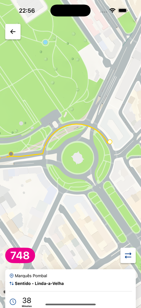 CARRISway - CARRISway app map interface showing bus line 748 route at Marques de Pombal roundabout in Lisbon