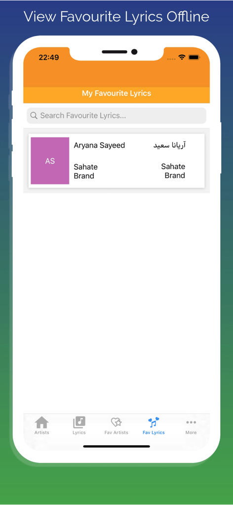 Interface of the Afghan Song Lyrics app showing favorite lyrics by Aryana Sayeed for offline viewing