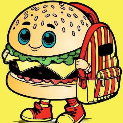 burger carrying a backpack, ready for school