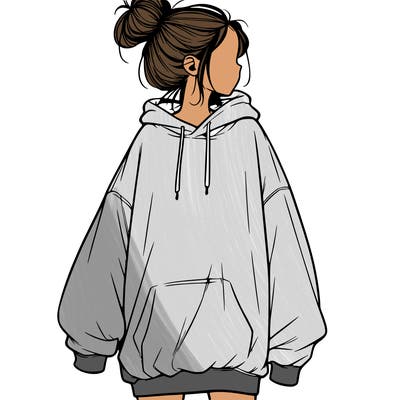 realistic girl with a oversized sweatshirt on and a bun