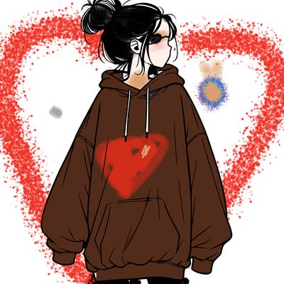 realistic girl with a oversized sweatshirt on and a bun