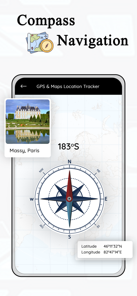 Smartphone screen displaying a digital compass, map, and GPS coordinates for navigation