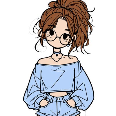 girl with a messy ponytail glasses a baggy crop top and jean shorts