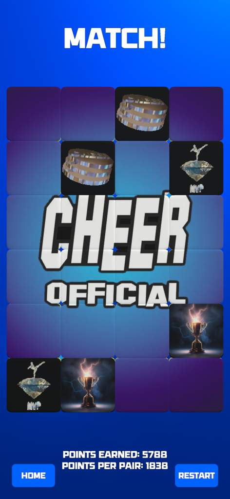 CHEER Official 3D - A cheerleading themed memory matching game screen from the CHEER Official 3D app