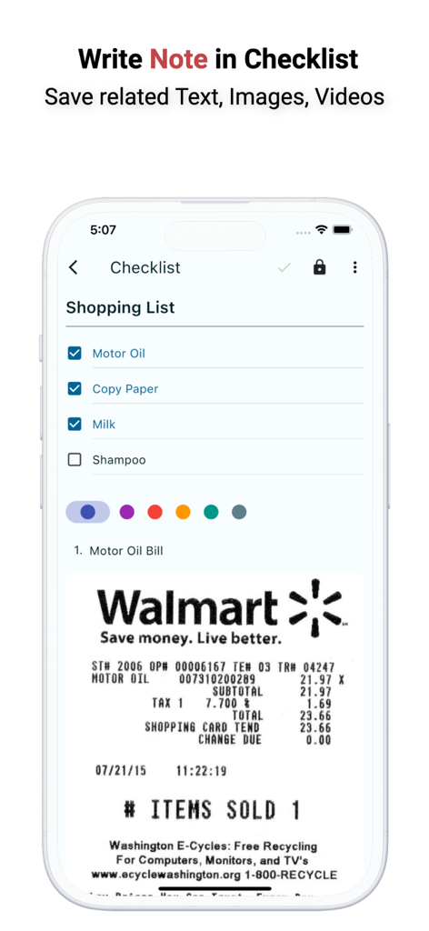 Note, Voice Notes, Todo Widget - Una lista de compras en la aplicación Note Master con una foto de un recibo de compras
