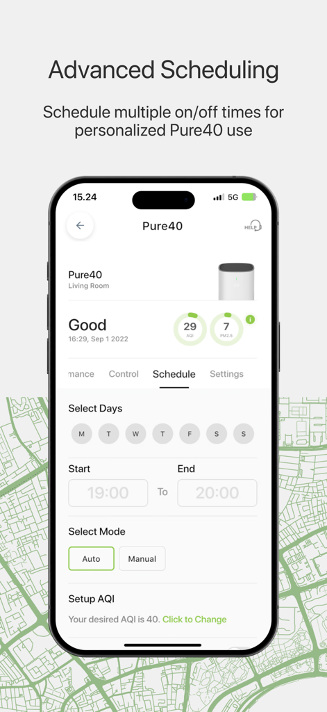 Advanced scheduling screen in the Nafas Middle East app for programming air purifier run times