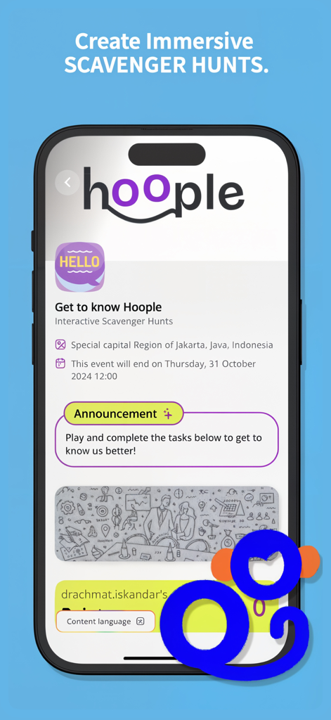 Hoople - Hoople mobile app screen showing a scavenger hunt event named Get to know Hoople