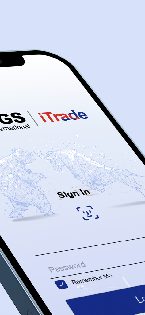 Login screen of the CGS iTrade mobile trading app featuring biometric authentication and a bull and bear market illustration.