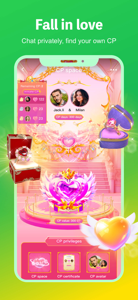 FoFoChat app screenshot showing the romantic private chat space for couples