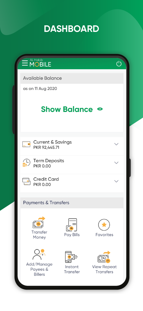 AL Habib Mobile banking app dashboard showing account balances and quick transfer options
