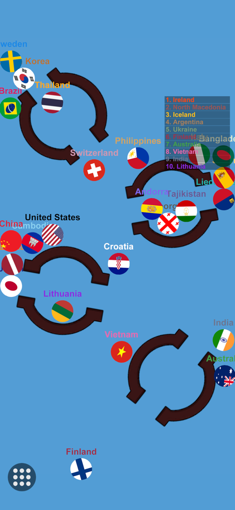 Marble Race Country - A mobile game screen showing a physics-based marble race with balls representing different countries navigating through a blue course with circular obstacles.