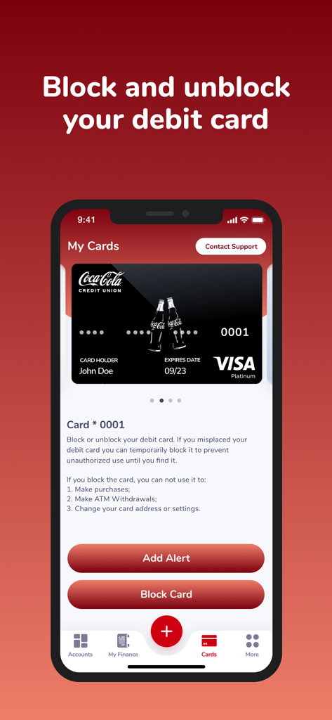 Smartphone screen displaying the Coca-Cola Credit Union app card management feature to block or unblock a debit card