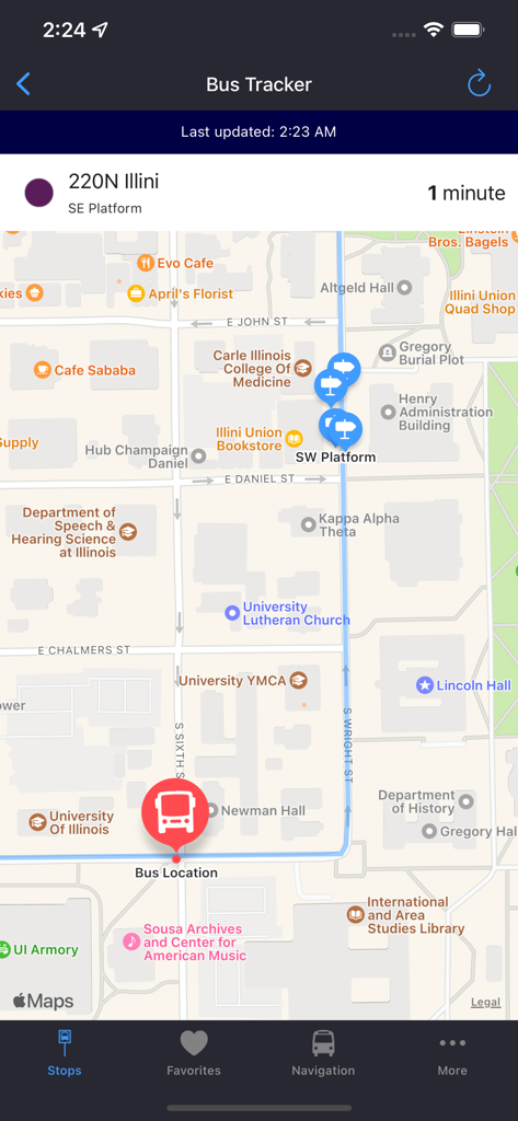 A screenshot of the My Bus Helper MTD app showing a live bus location on a map near the University of Illinois.