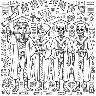 Celebrate a truly unique milestone with our Royal Mummies' Graduation Day coloring page! Imagine these ancient rulers, now proudly capped and gowned, receiving their long-awaited diplomas, ready for a new journey.