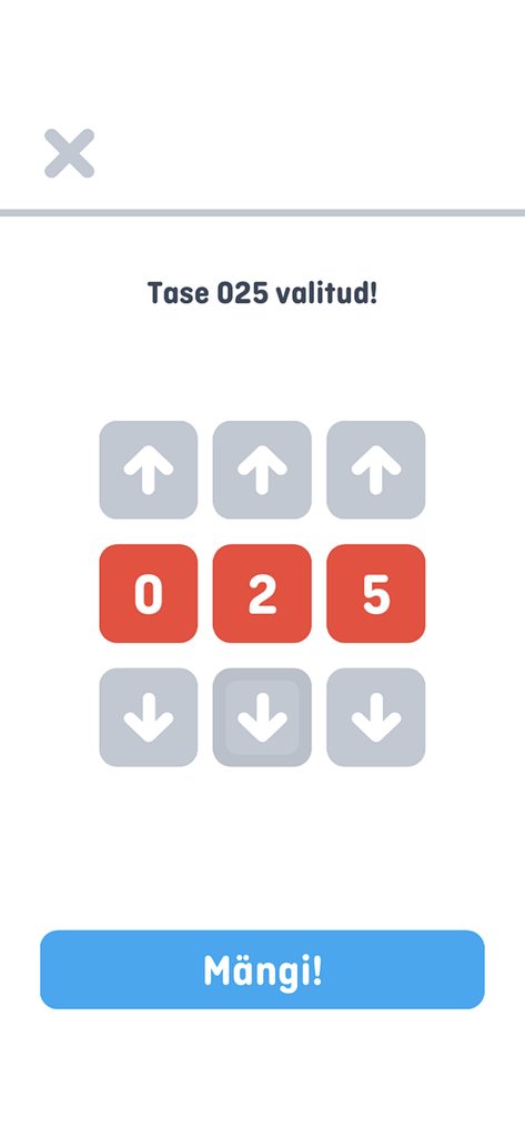Sõnamäng Estonian word game level selection screen showing level 025 with up and down arrows and a blue play button