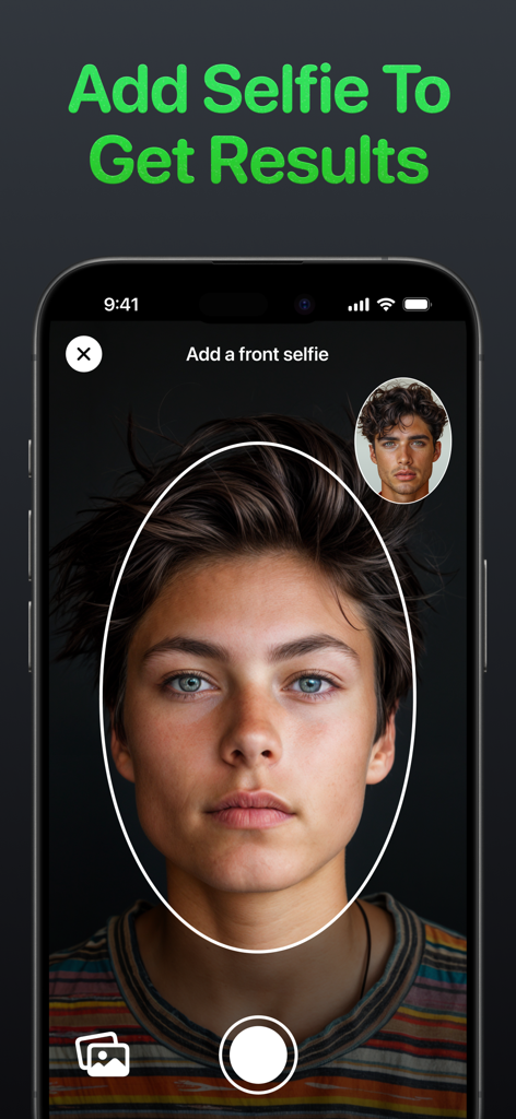 Maxxing: Face Beauty Analysis - Un smartphone que muestra la interfaz de la aplicación Maxxing donde un usuario agrega una selfie frontal para el análisis facial IA.