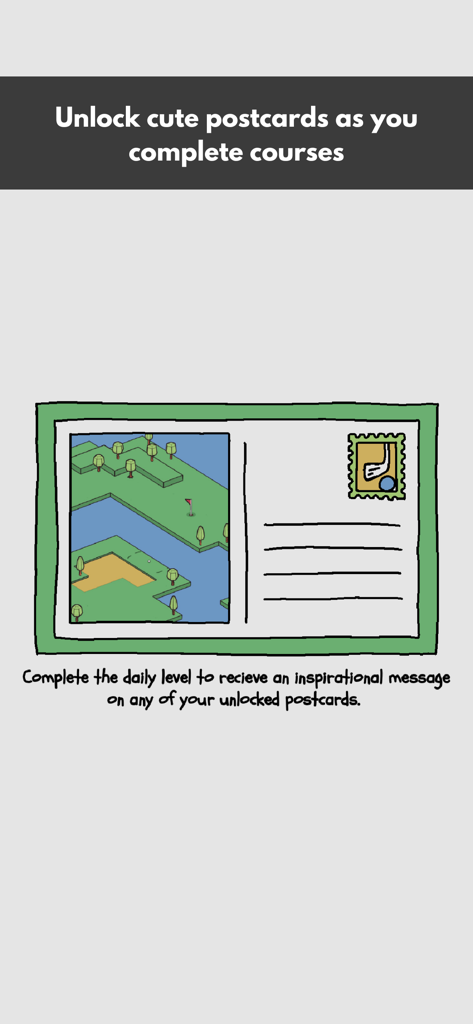 A hand drawn collectible postcard reward featuring an isometric golf course scene from the Cozy Golf app