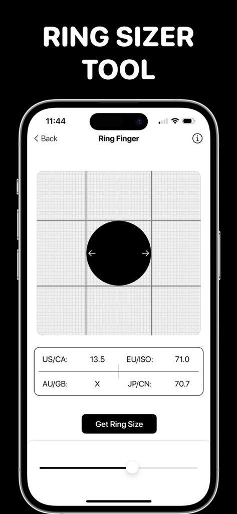 Ring Sizer Tool - Ring Sizer Tool mobile app interface showing digital finger measurement with international ring size conversions