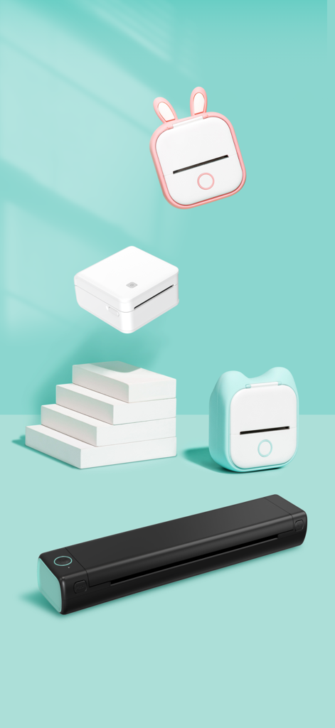 Phomemo - Una colección de impresoras térmicas Phomemo coloridas y portátiles en varias formas y tamaños.