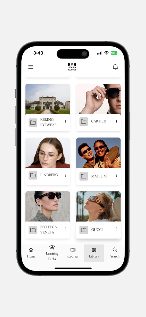 Eyelearn Kering Eyewear - Eyelearn Kering Eyewear app interface showing the brand library with folders for Cartier, Gucci, and Bottega Veneta.