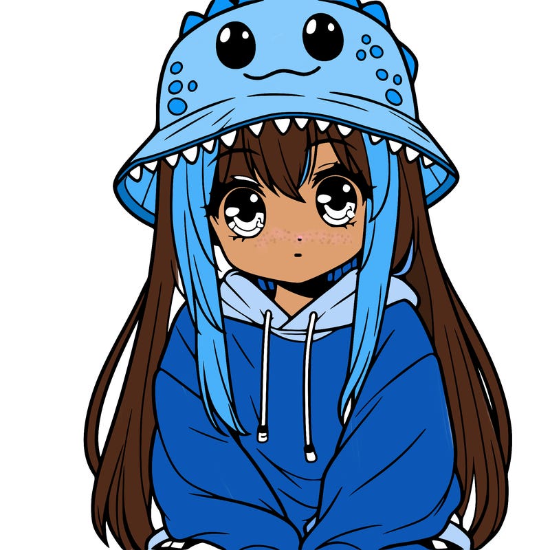 girl with anime shaped eyes with a dinosaur bucket hat oversized sweatshirt long straight hair
