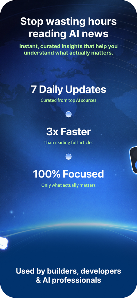 Prism: AI News Digest - Écran marketing de Prism AI News Digest montrant les mises à jour quotidiennes et les aperçus organisés pour les constructeurs et les développeurs